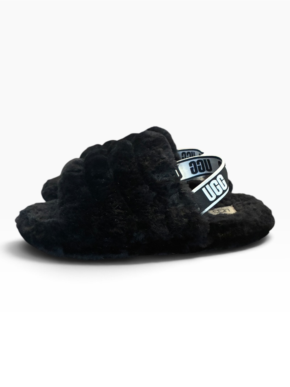 UGG Fluff Yeah Black Furry Slide Sandals Slippers Size 8.5 Good Condition